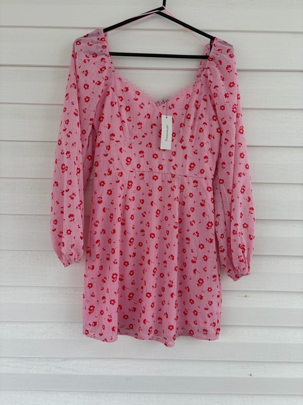 Francesca's Pink Red Floral Mini Puff Sleeve Feminine Romantic Summer Dress